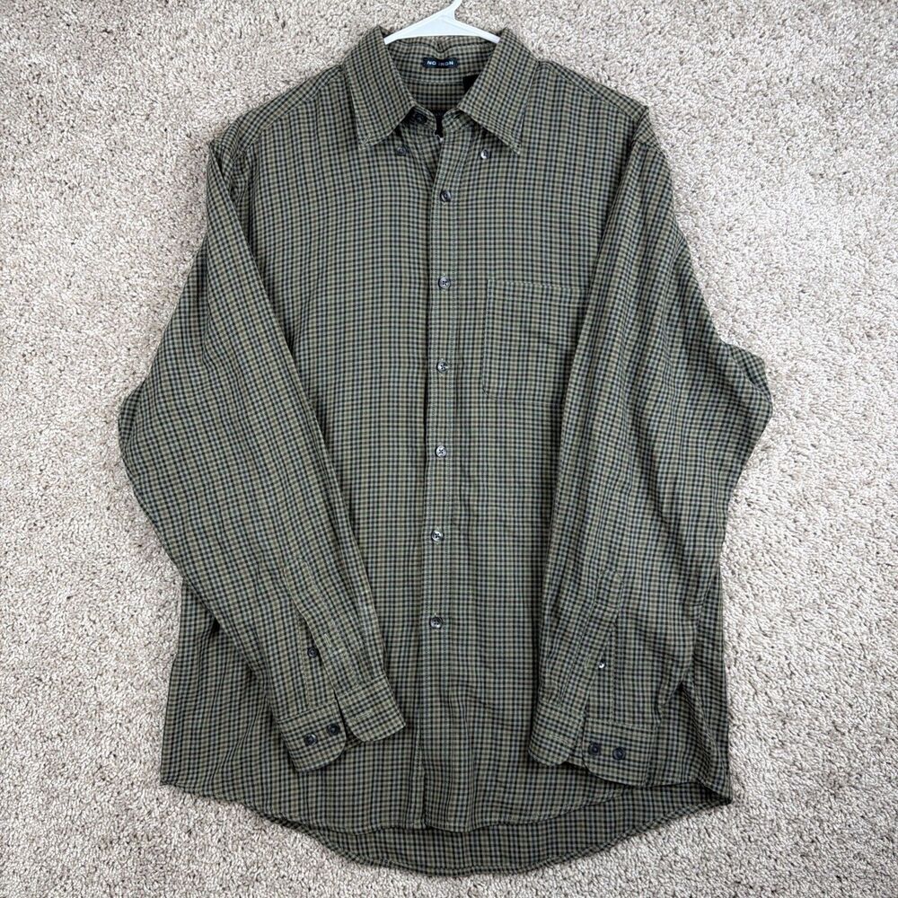 Van Heusen Studio Med 15-15 1/2 Long Sleeve Green Plaid Check Dress Shirt
